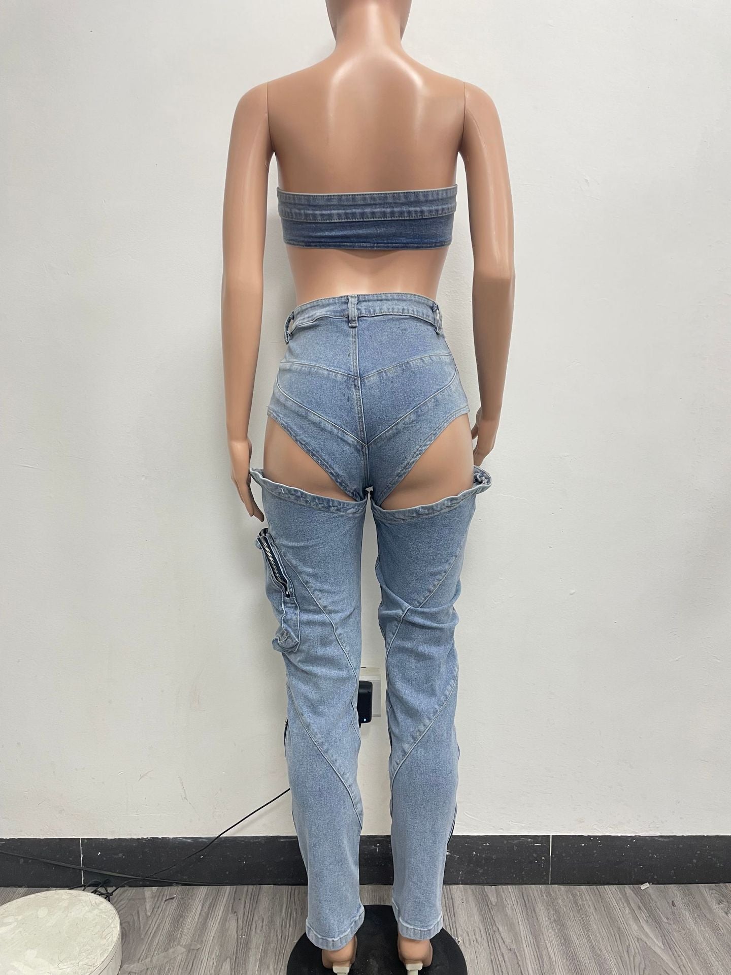 Women washed elastic denim split zipper pocket chest wrap and sexy denim pants set 9