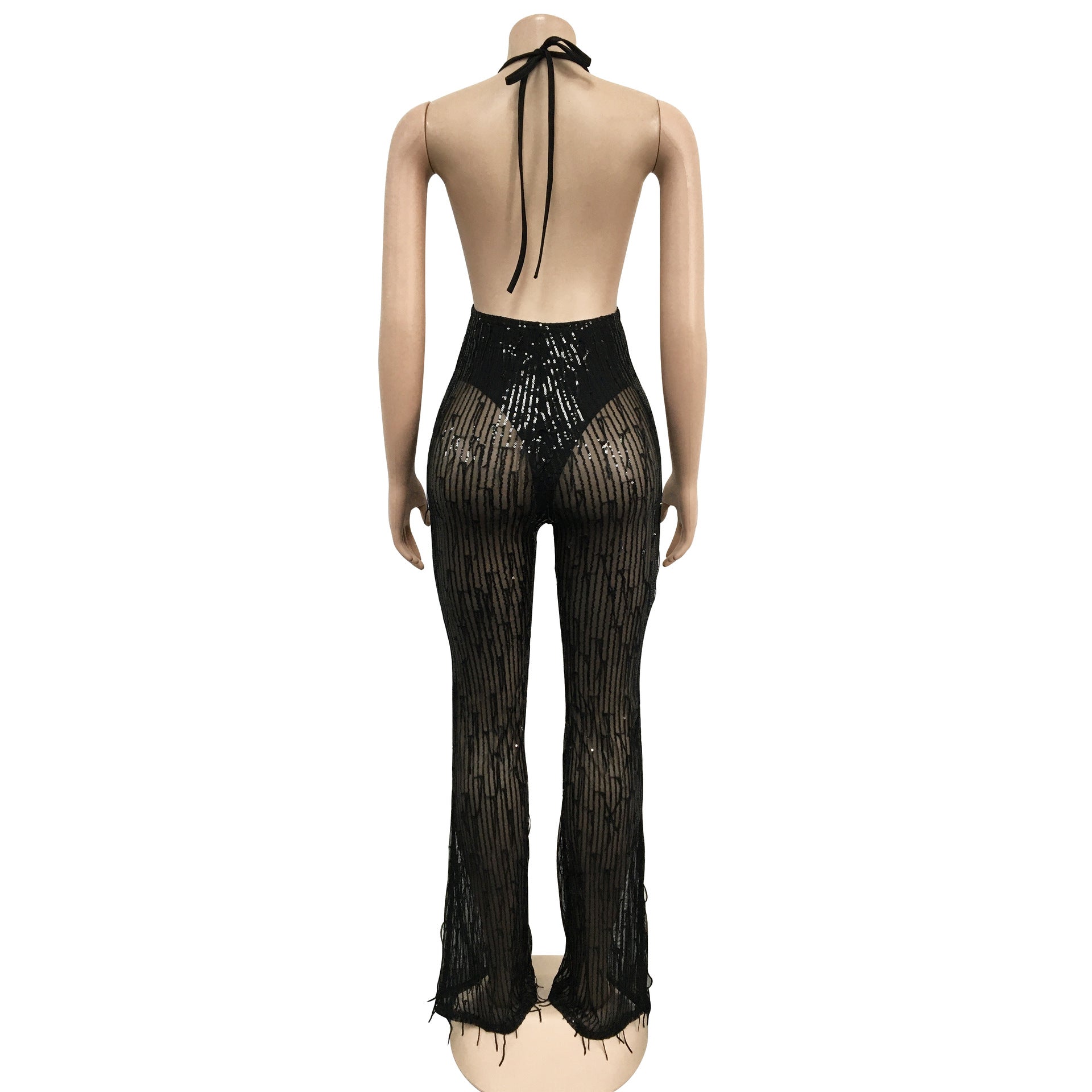 Women'S Fashion Sequined Tassel Mesh Halter Backless Nightclub Jumpsuit 11