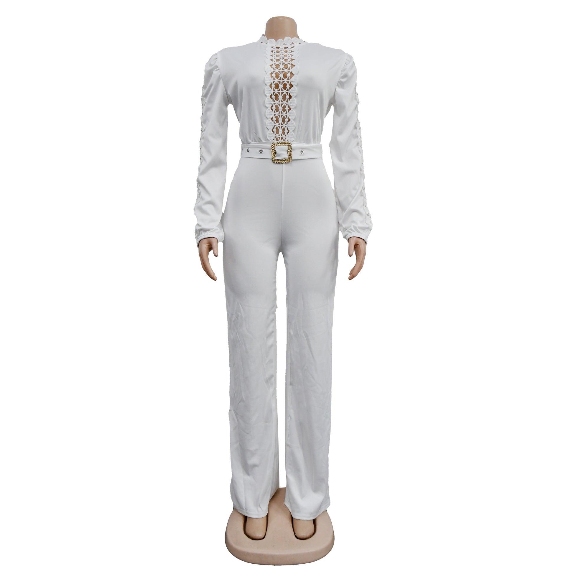 Women Belt Lace Cutout Solid Long Sleeve Jumpsuit 25