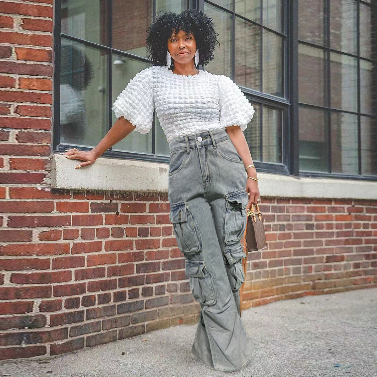 Women Washed Cargo Pocket Denim Straight Leg Pants 4