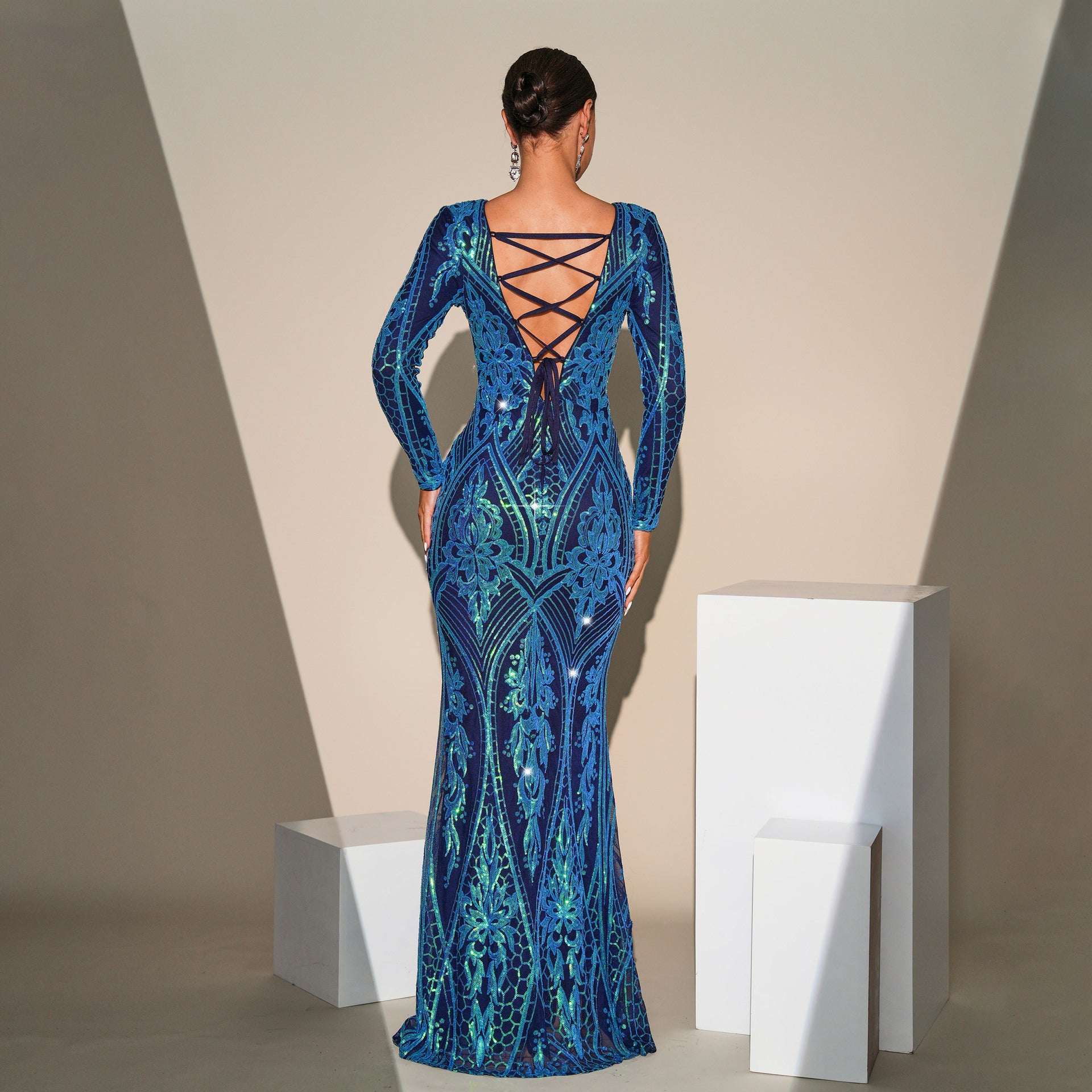 Long Sleeve Round Neck Sequin Mesh Formal Party Evening Gown Long Bridesmaid Dress 4