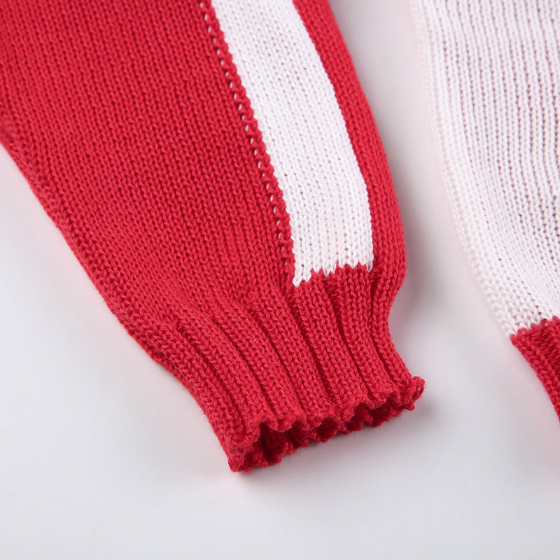 Women Patchwork Contrast Letter Half-High Neck Long Sleeve Crop Sweater 14