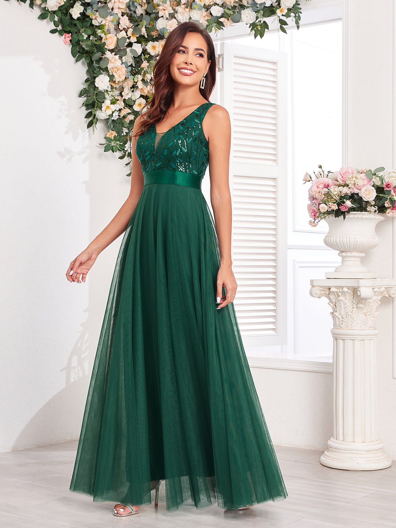 Patchwork Elastic Waist Sleeveless Double V Neck Evening Gown with Embroidered Tulle Elegant Long Swing Party Dress 27