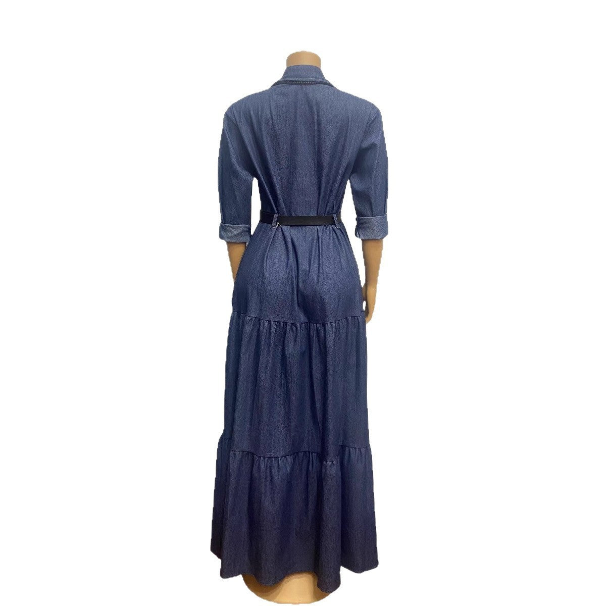 Women's Turndown Collar Metal Button High-Waist Denim Skirt 11