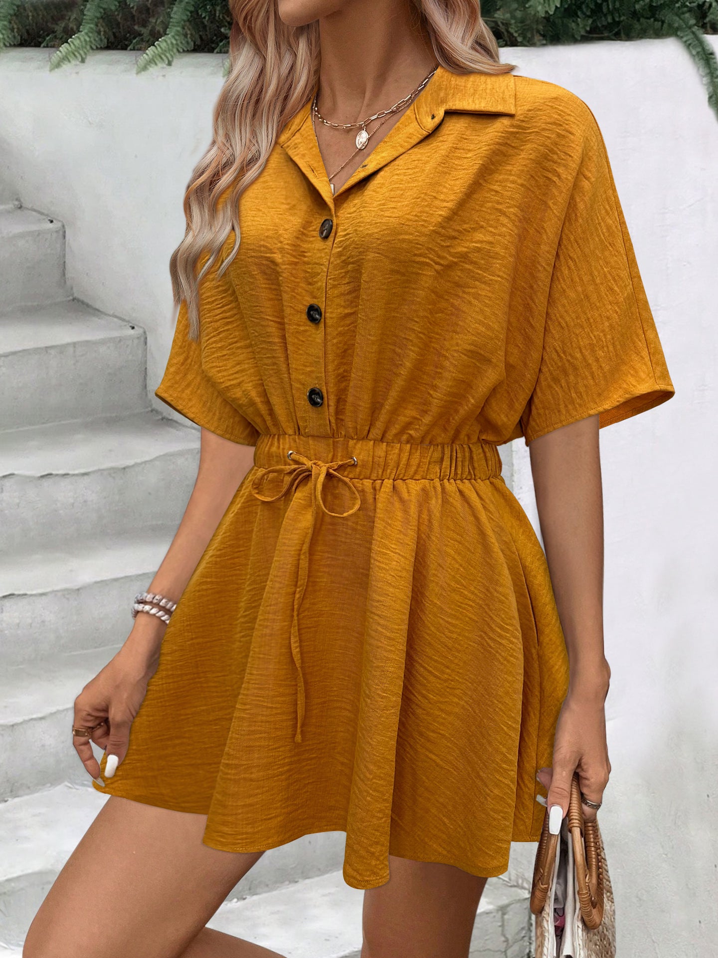 Button-Up Short-Sleeve Slim Waist Belted Shirt Dress 5