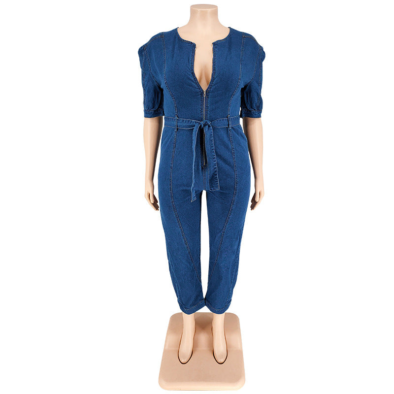 Plus Size Women summer short-sleeved zipper Denim Jumpsuit 10