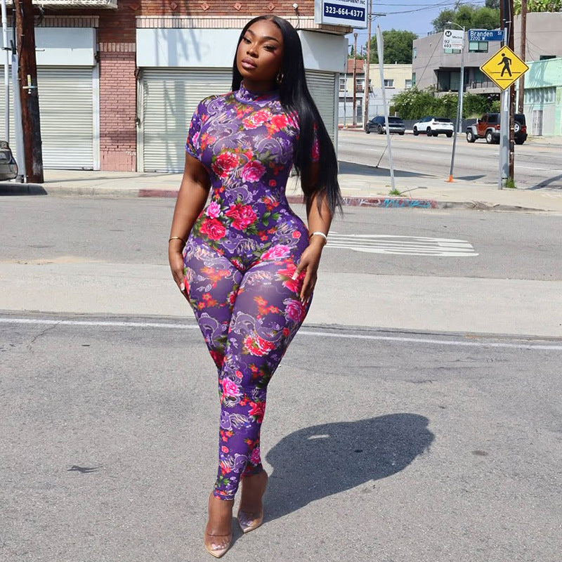 Women summer Women sexy Backless print See-Through Mesh Jumpsuit