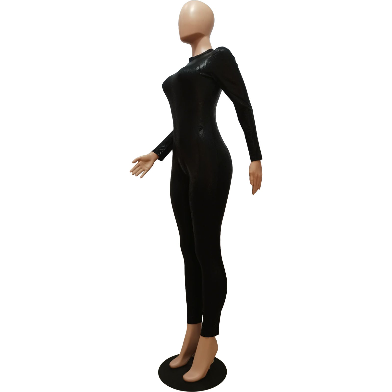 Women Fall Women Clothing Solid PU-Leather Pleated Snake Print Long Sleeve Bodycon Jumpsuit 10