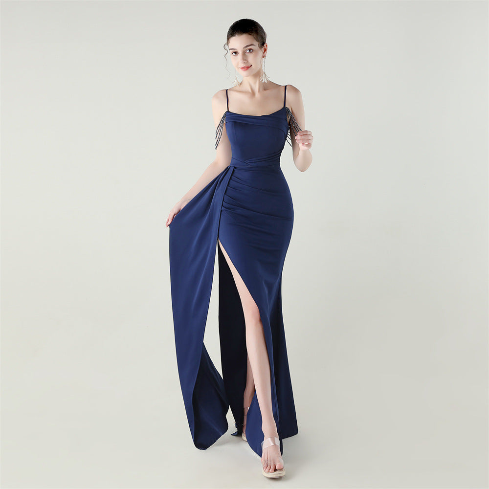 Women Strapless satin beaded chain fishtail evening dress