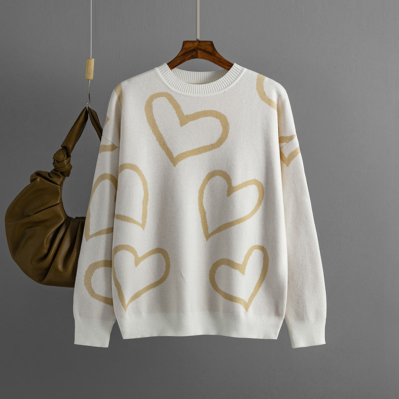 Women Round Neck Heart Print Contrast Sweater 12