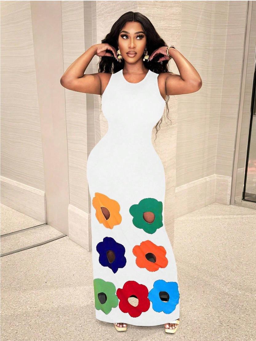 Summer Fashion Round Neck Sleeveless Positioning Print Cut-Out A-Line Dress 13