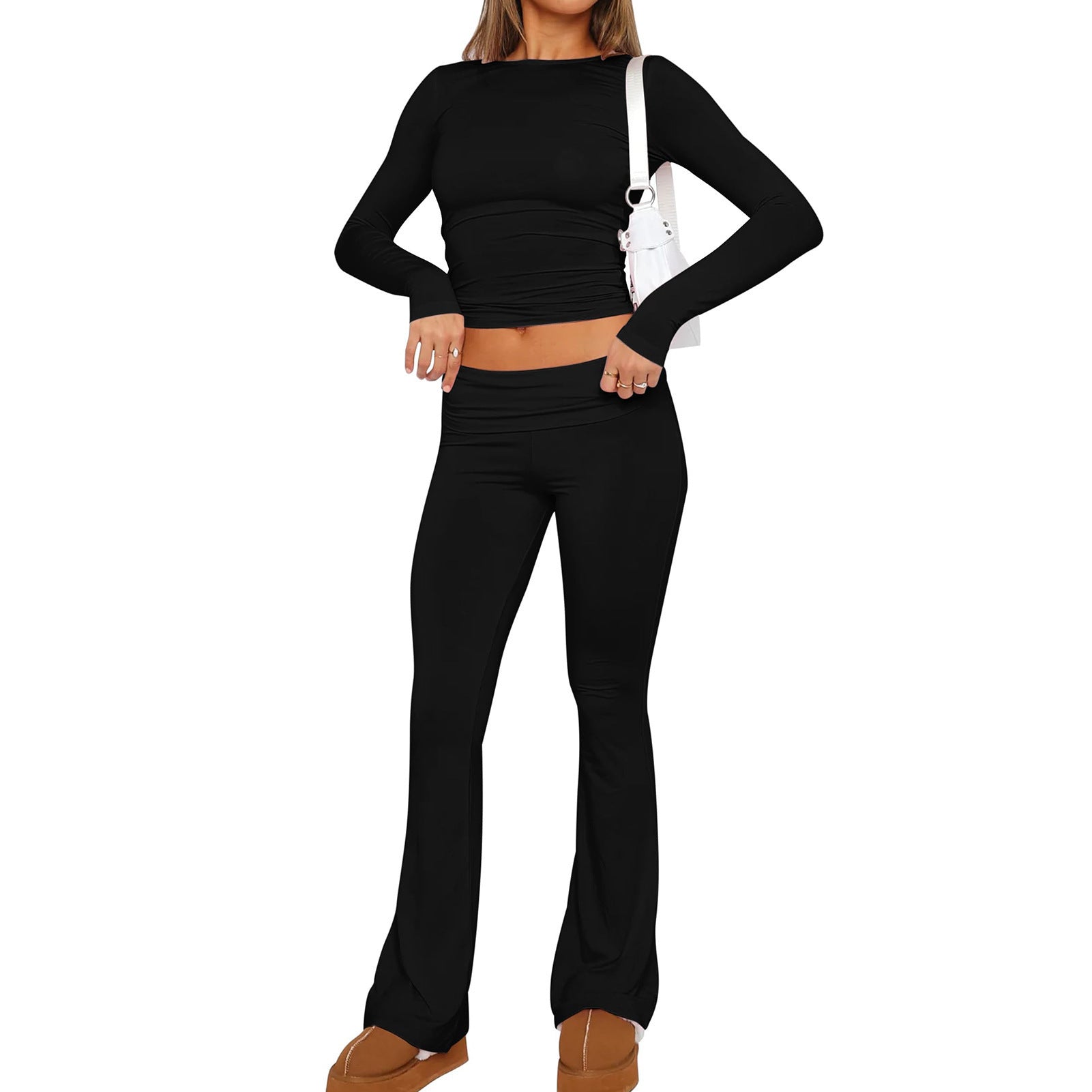 Fashion Solid Color Slim Fit Low Waist Bell Bottom Pants Women