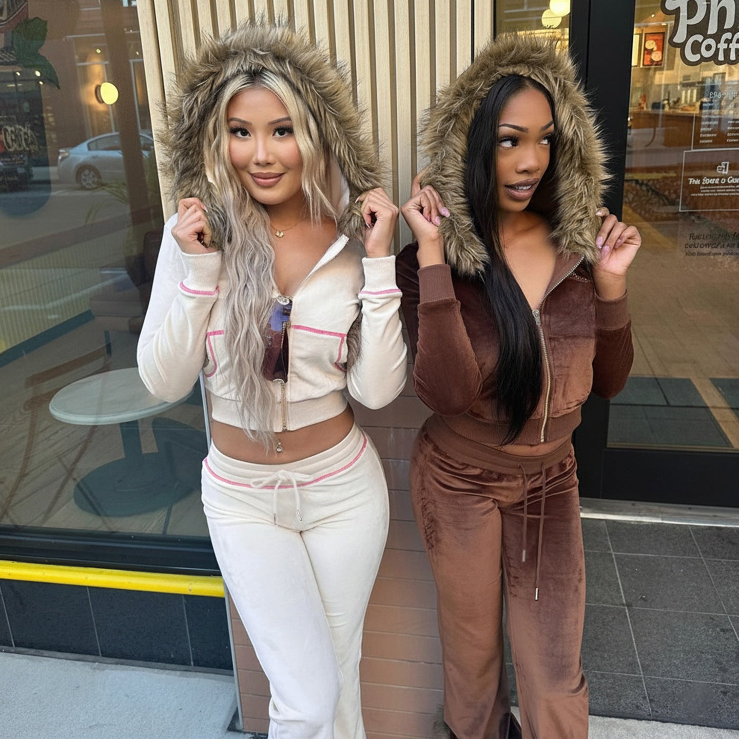 Women American-Style Fall/Winter Sport Velvet Letter Print Fur Collar Hooded Long-Sleeved Jacket and Pants Two-Piece Set 10