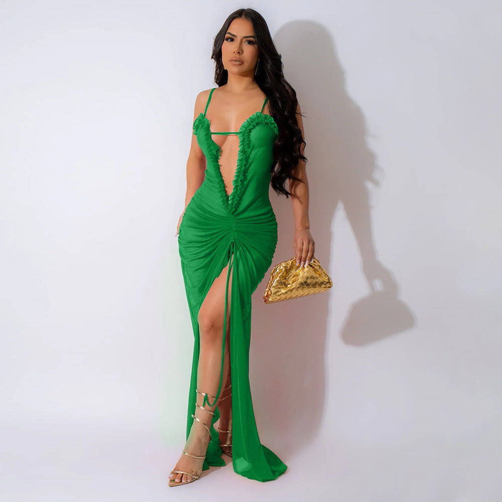 Sexy See-Through Mesh Solid Color High Slit Dress 3