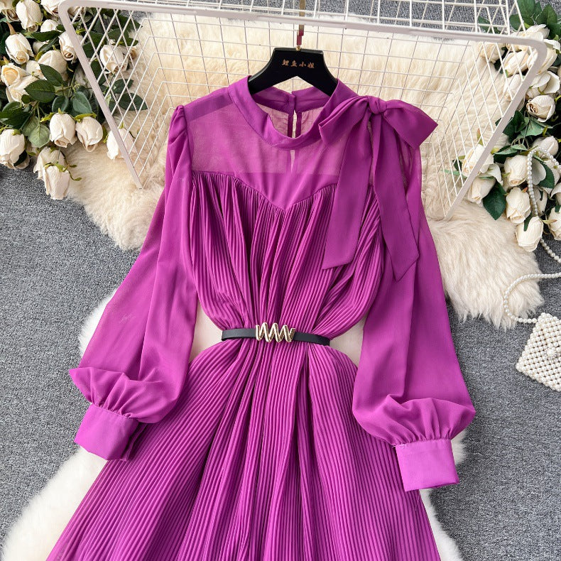 Spring Women's Bow Pleated Chiffon Puff Sleeve Long Dress 35