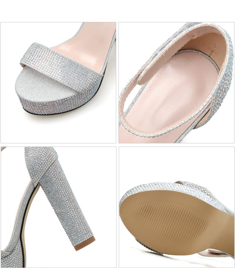 Women Chunky High Heel Rhinestone Strap Sandals 11