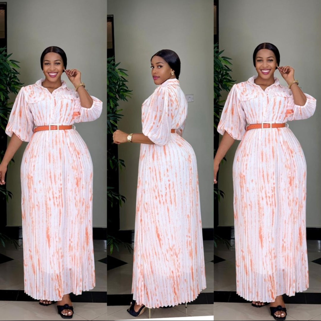 African Women Printed Turndown Collar Long Sleeve Chiffon Dress with Belt 4