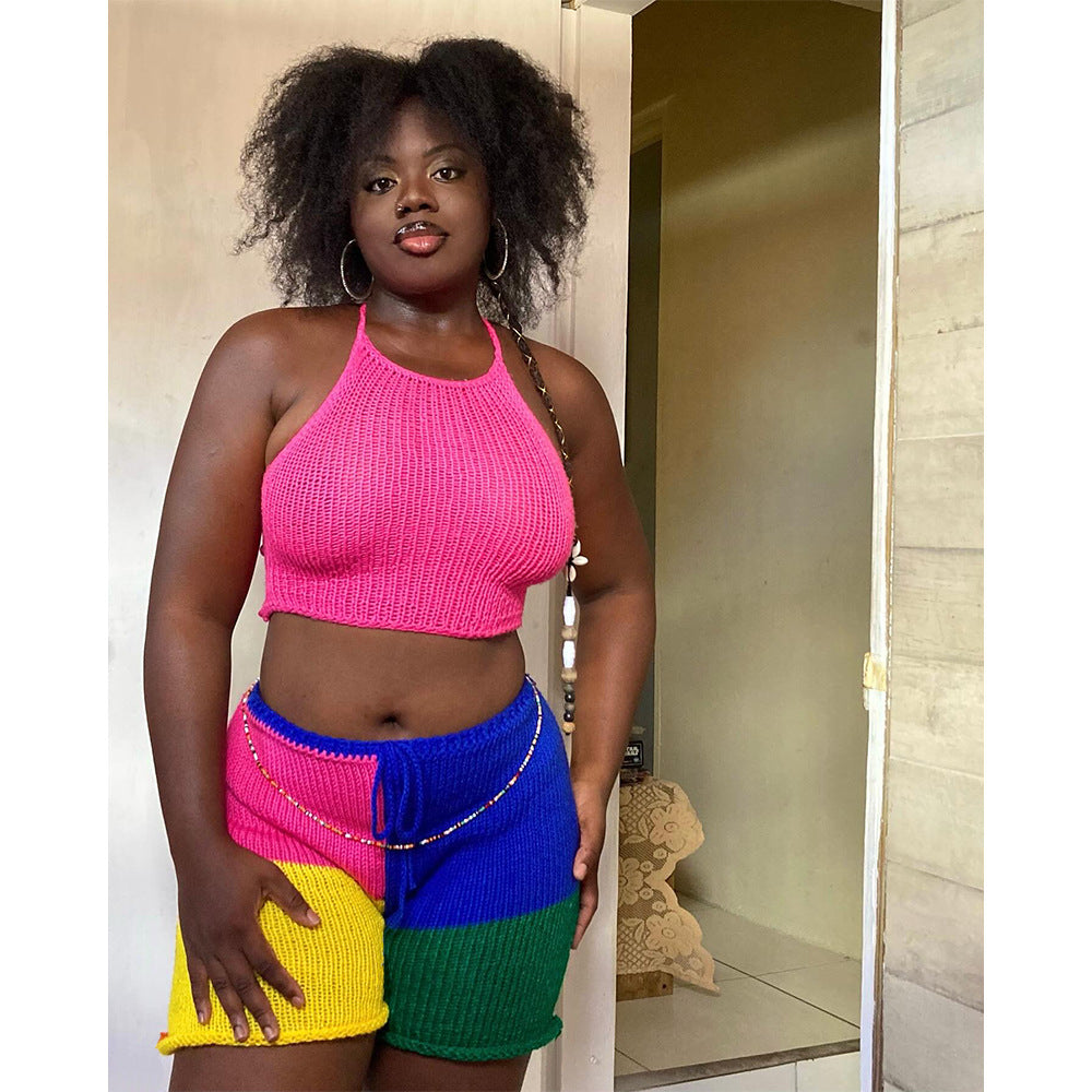 Summer Women's Knitwear Fashion Low Back Halter Neck Top & Tight-Fitting Shorts Set 4