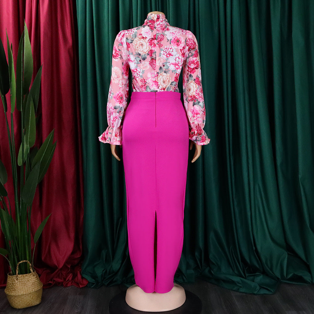 Women Printed Lace-Up Long Sleeve Shirt and Skirt Two-Piece Set 15