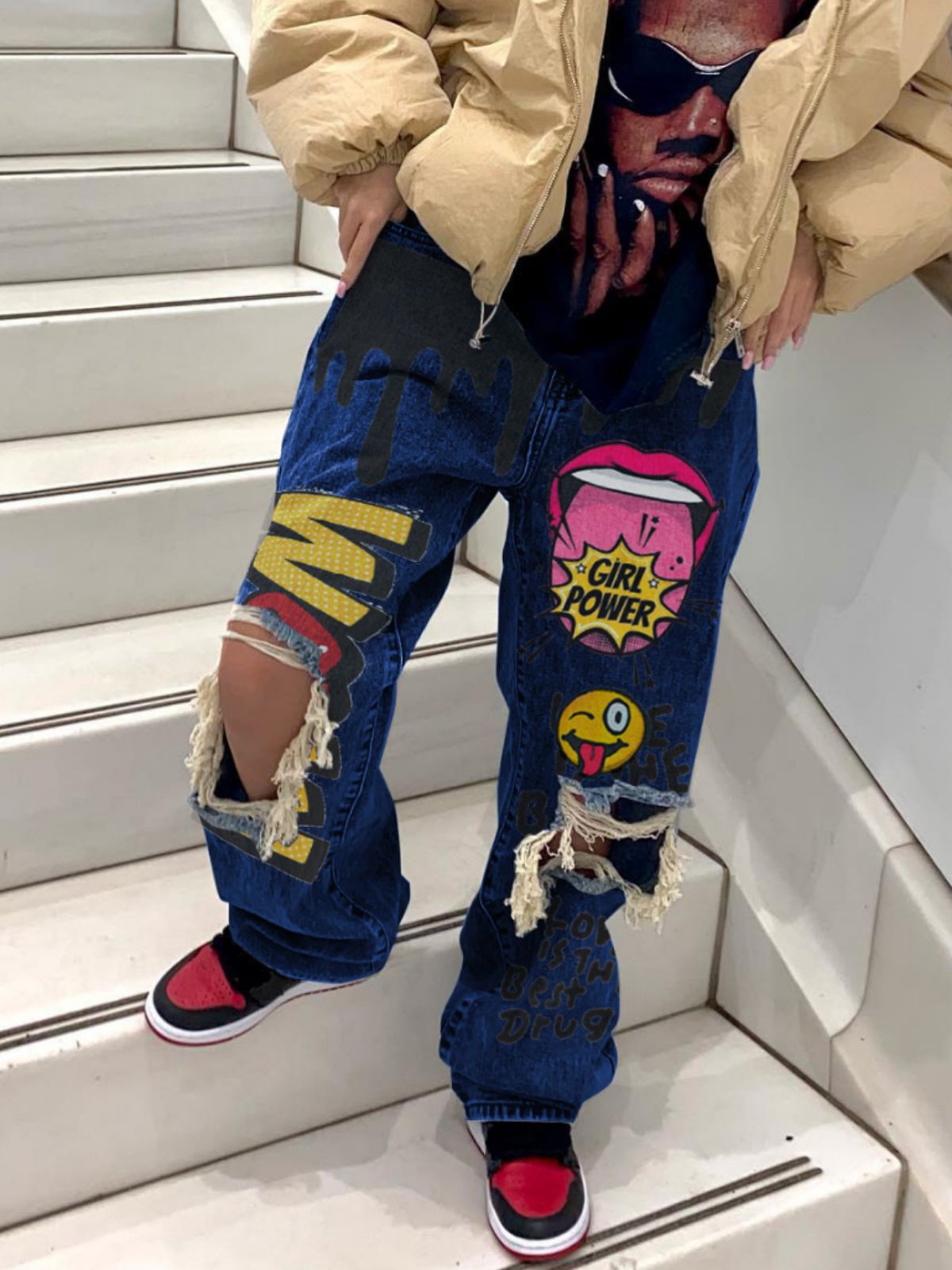 Women Ripped Print Crago Denim Pants 4