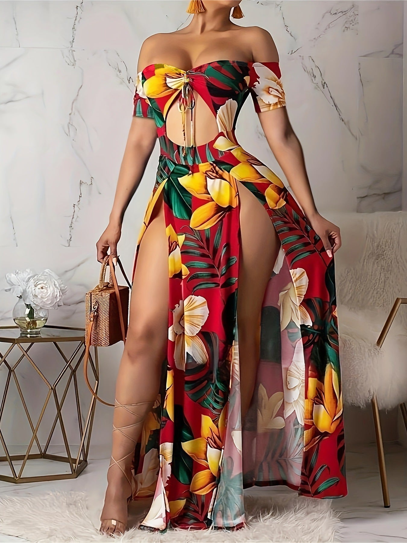 Women Printed Cutout Holidays Long Sleeve Off Shoulder Lace-Up Dress 7