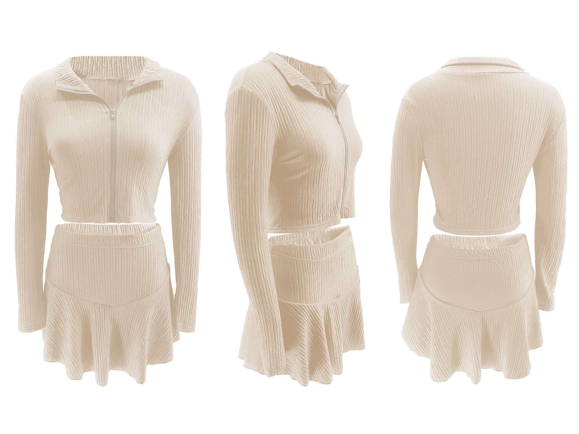 Women Solid Zippered Cropped Top Two-piece set with ruffled skirt 73