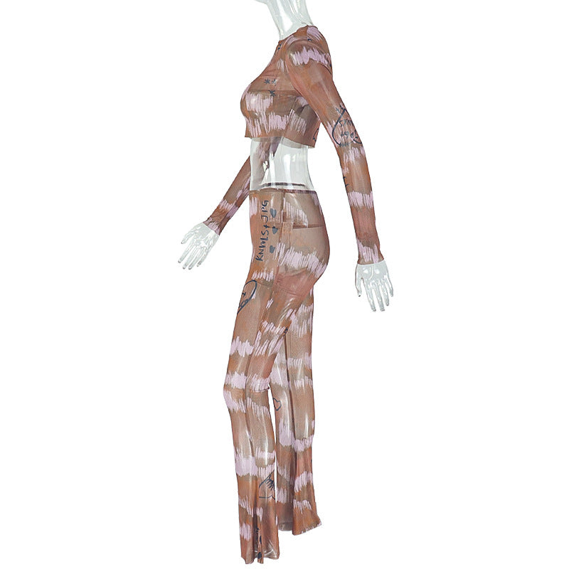 Women's Casual Micro-Transparent Sexy Slim Short Top & Long Pants Two Piece Set 7