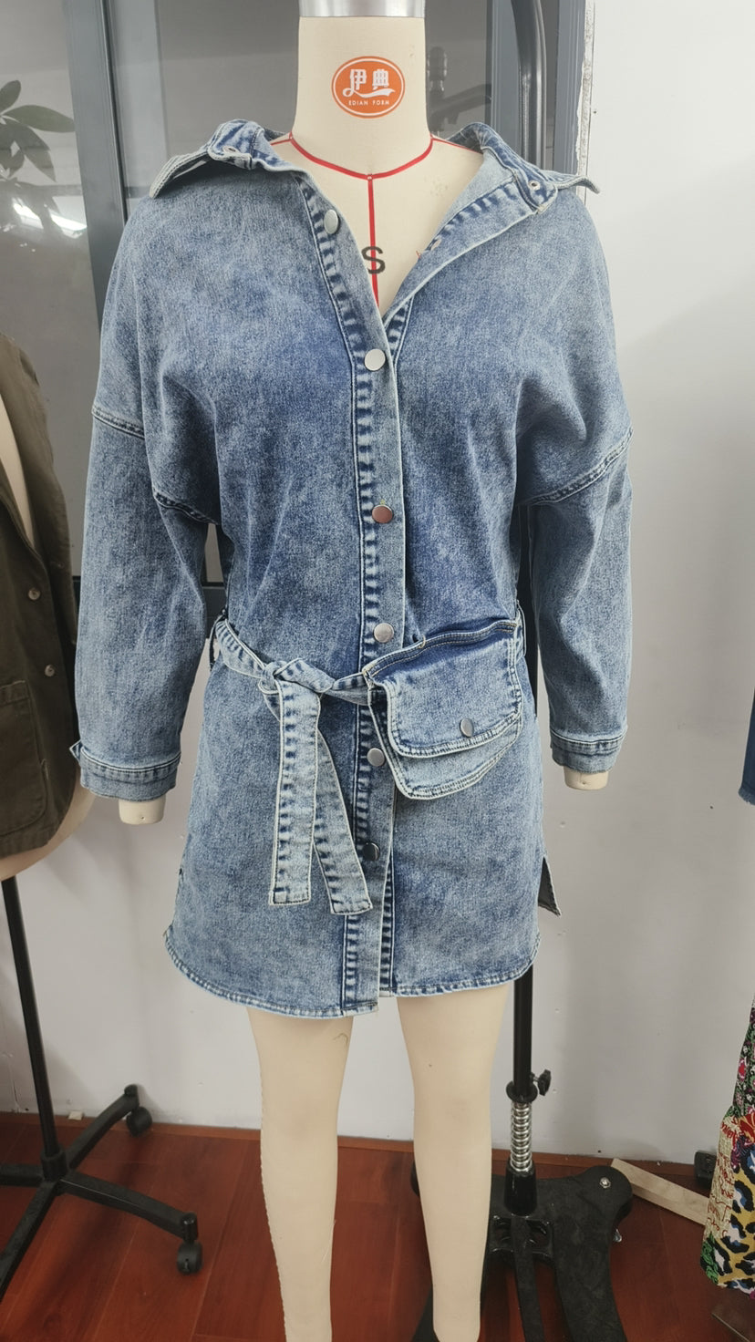 Autumn Denim Turndown Collar Long Sleeve Single Breasted Slim Fit Belt Fashion Denim Dress 11