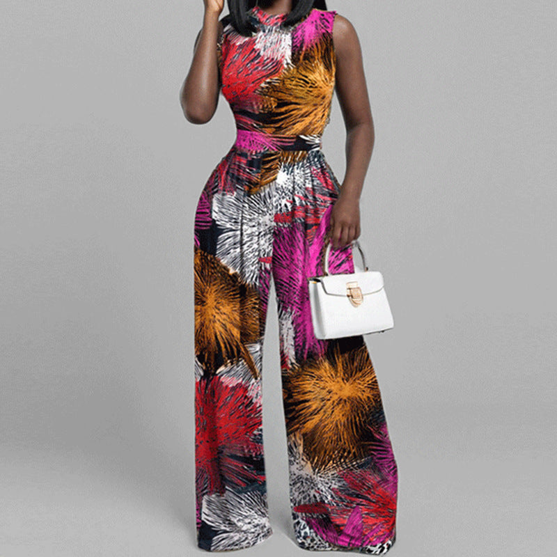 Fashion Print Women Chic Casual Slim Sleeveless Wide Leg Jumpsuit 14