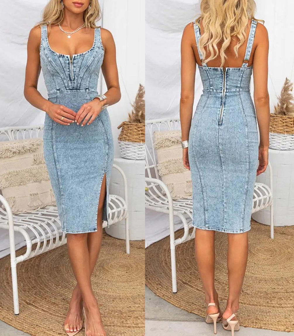 Short-Sleeved U-Neck Straps Casual Style Sexy Denim Dress 3