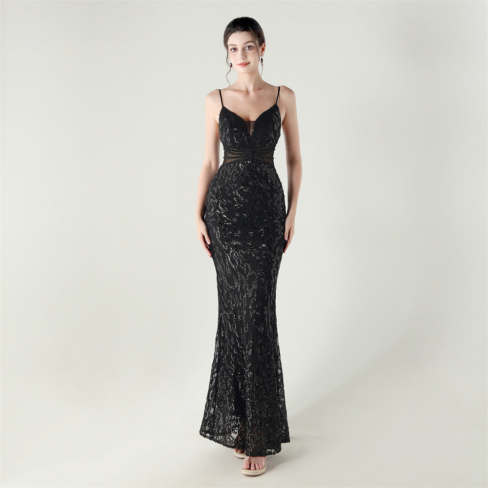 Women clothing V Neck sequins beaded hollow mesh off-shoulder Formal Party evening dress