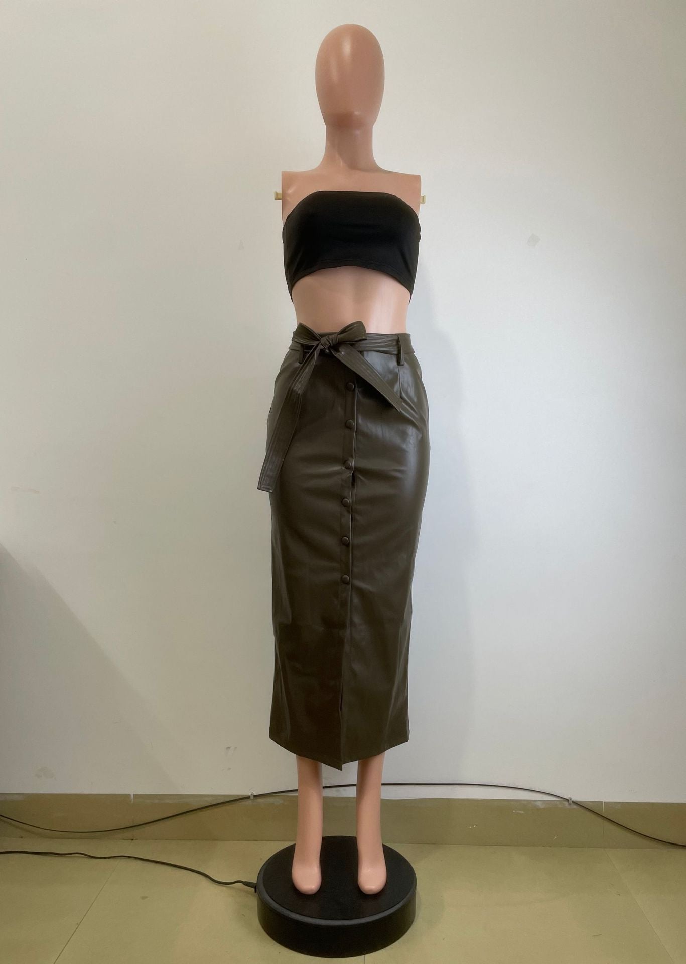 Autumn And Winter Mid-Length Black Pu Buckle Slit  Casual Leather Skirt With Belt 24