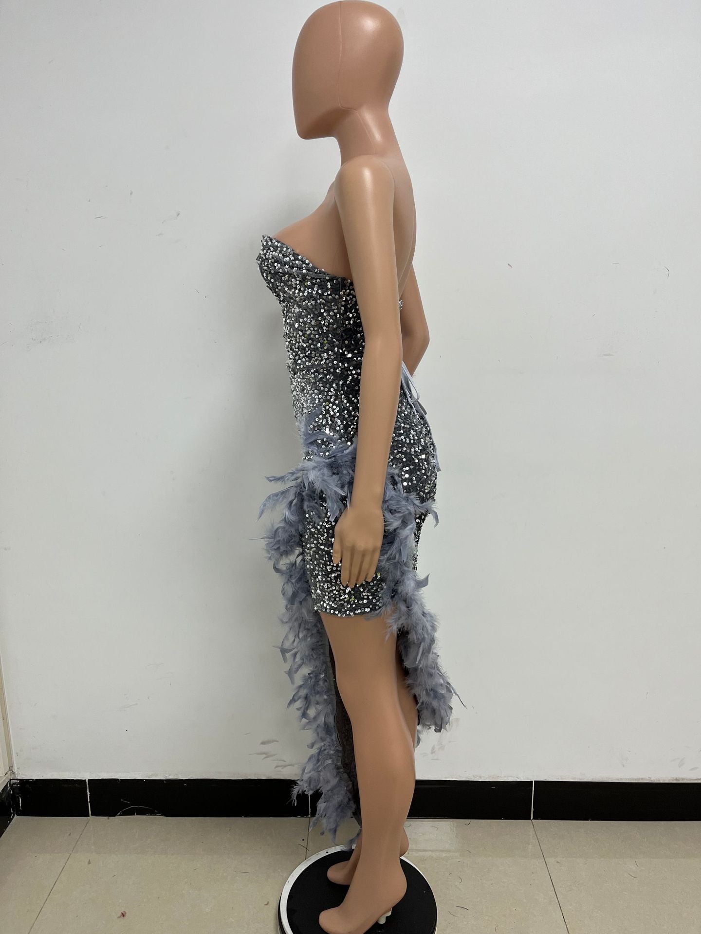 Women Sexy Off Shoulder Backless Sequin Feather Dress 51