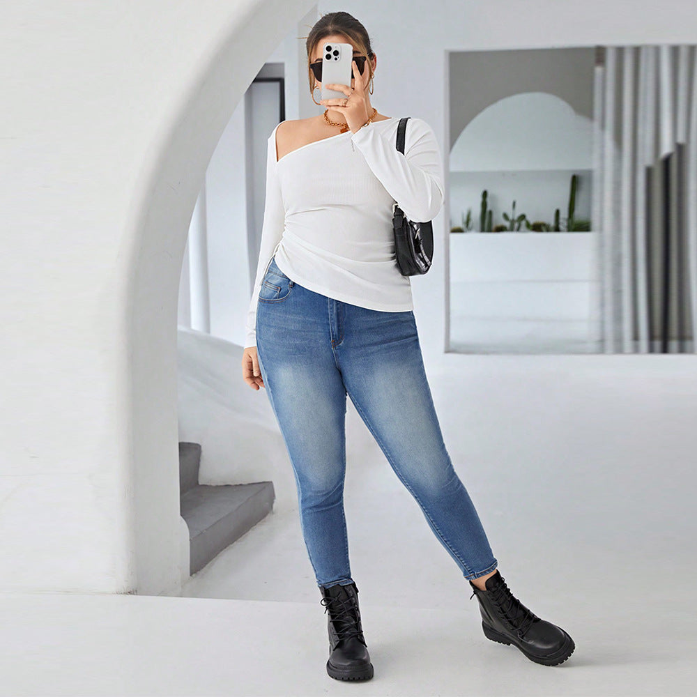 Plus Size Women High Long Sleeve Slash Shoulder Off-the-Shoulder Irregular Pleated T-Shirt 5