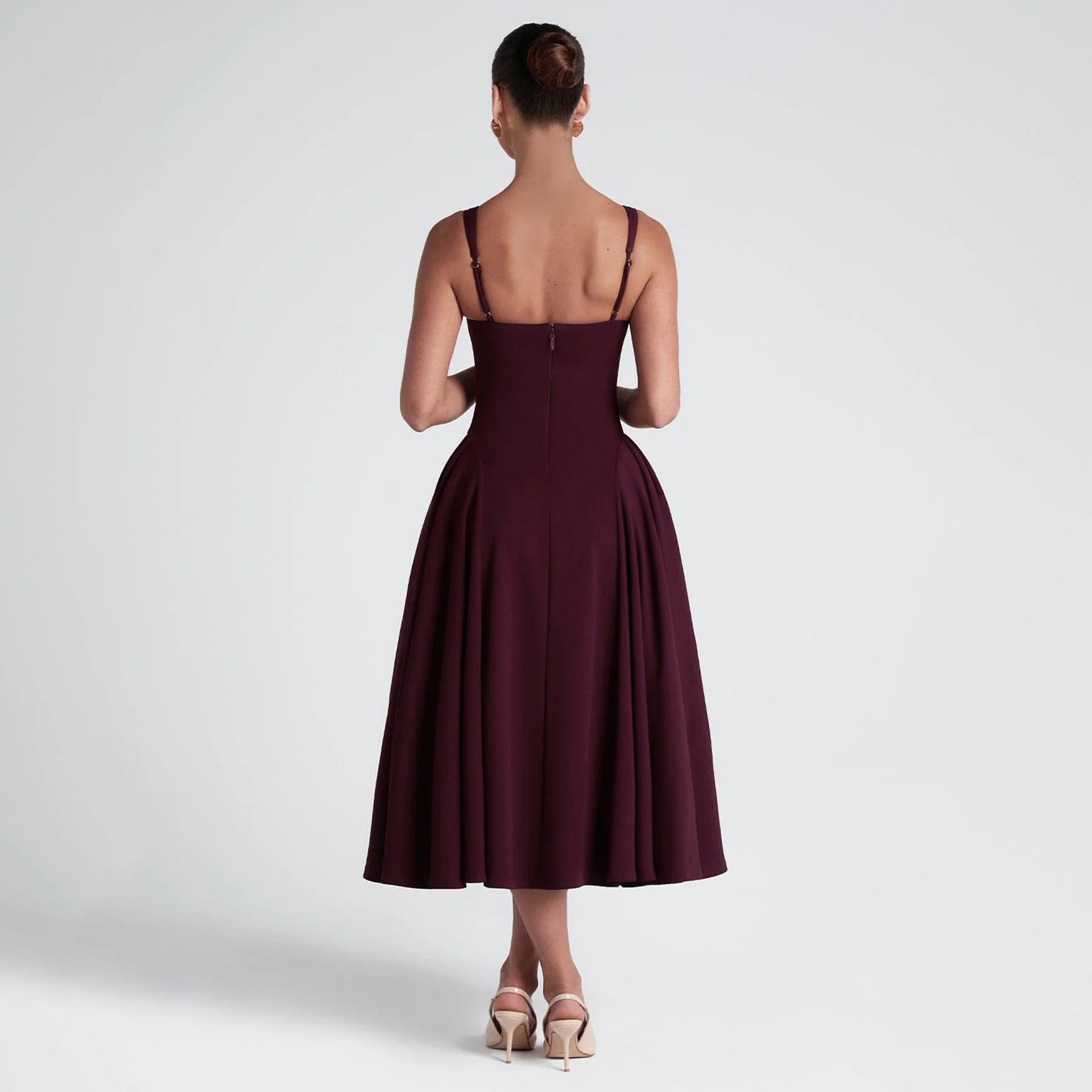 Spring Women's Square Neck Strap Retro Slim Midi Dress 3