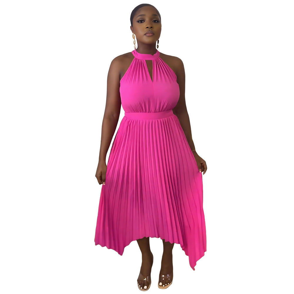 Women Casual Sleeveless Clipped Pleated Halter Neck Dress 8