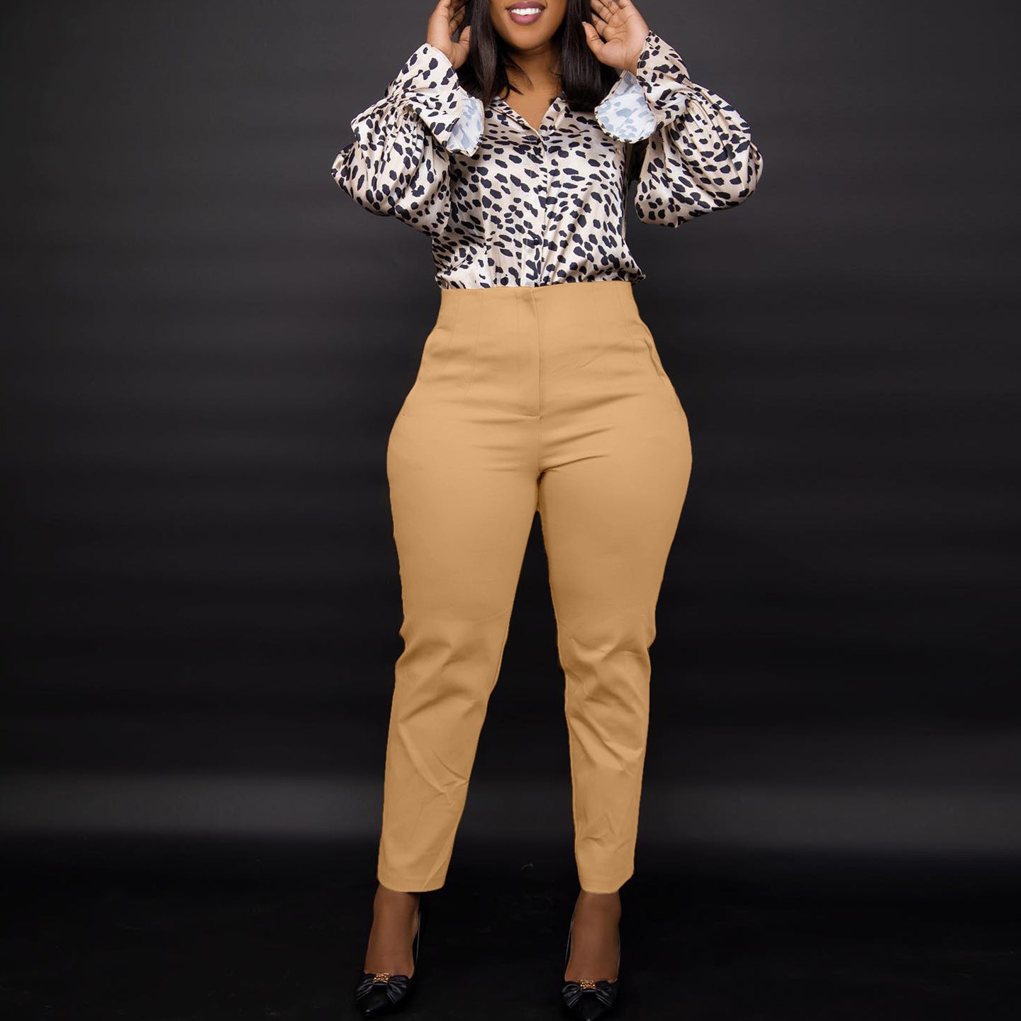 Women's High Waist Tight Fitting Nine Points Career Solid Color Casual Pants 8