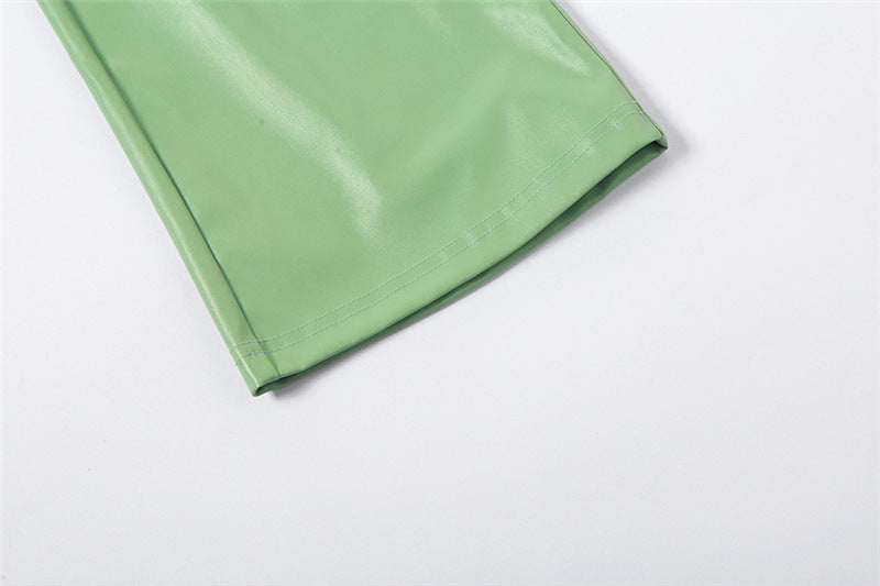 Women summer Slash Shoulder one shoulder Tank Top and straight trousers pu Leather two-piece set 12