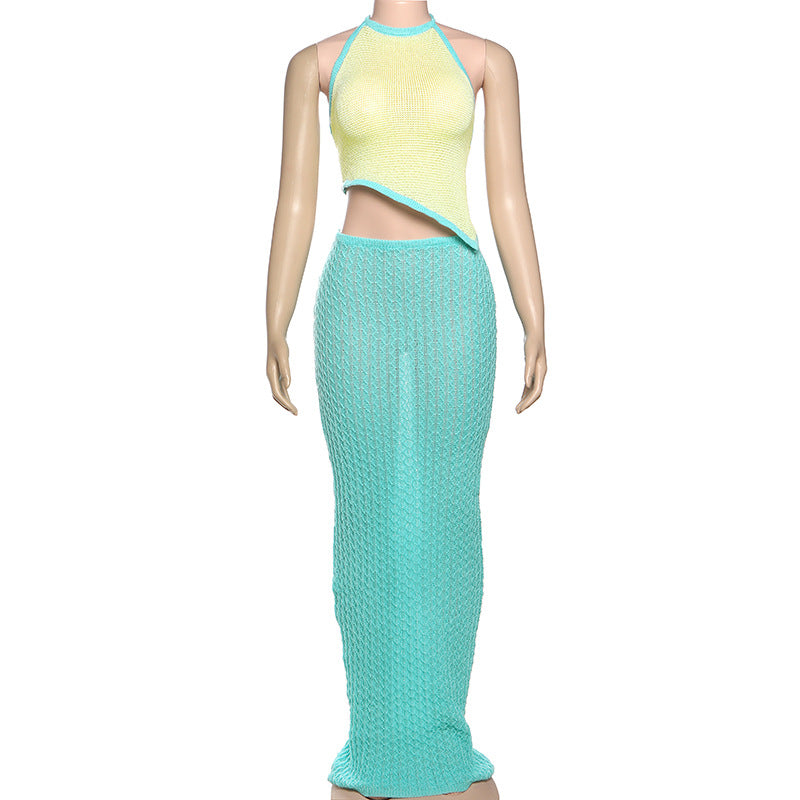 Women Summer Sexy Contrast Halter Neck Camisole Knitting Cutout Skirt Two-Piece Set 9