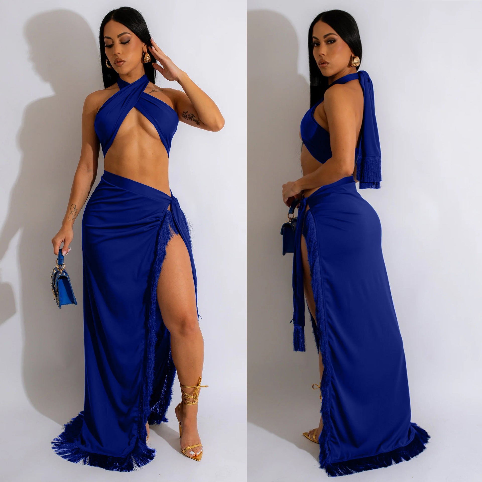 Summer Women's Sexy Wrap Breast Lace-Up Tassel Two Piece Skirt Set 7