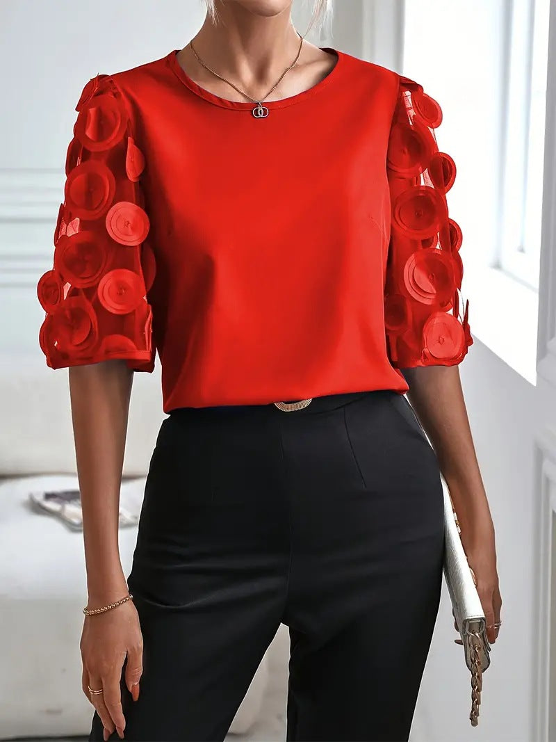 Round Neck Hollow Short Sleeve Top Casual Lace Patchwork Top 3