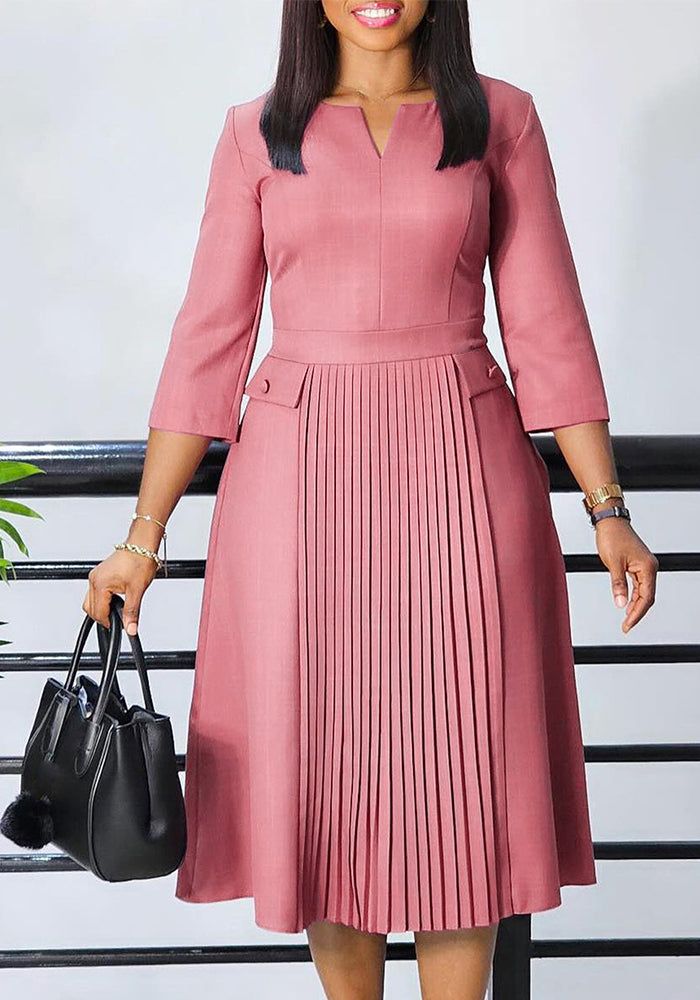Plus Size African Women Autumn Elegant Solid Pleated Dress