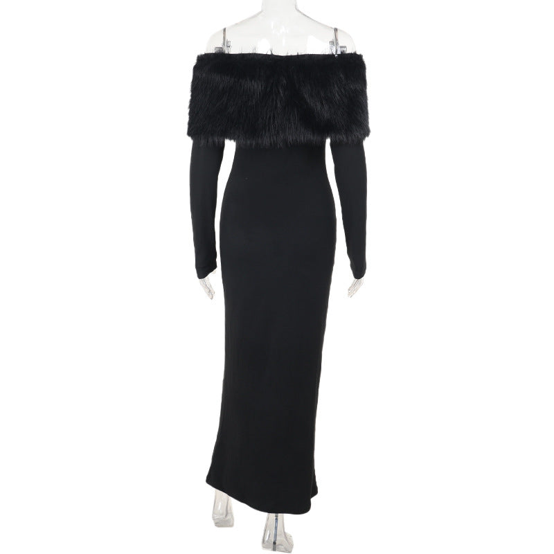 Women Fall Elegant Off Shoulder Fur Collar Dress 7