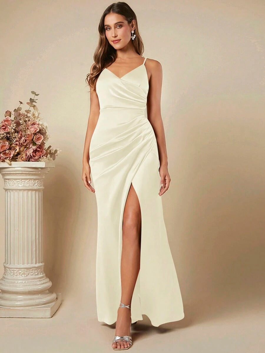Women's Spring Summer Strap Satin Dress Sexy Pleated Bridesmaid Dress 37
