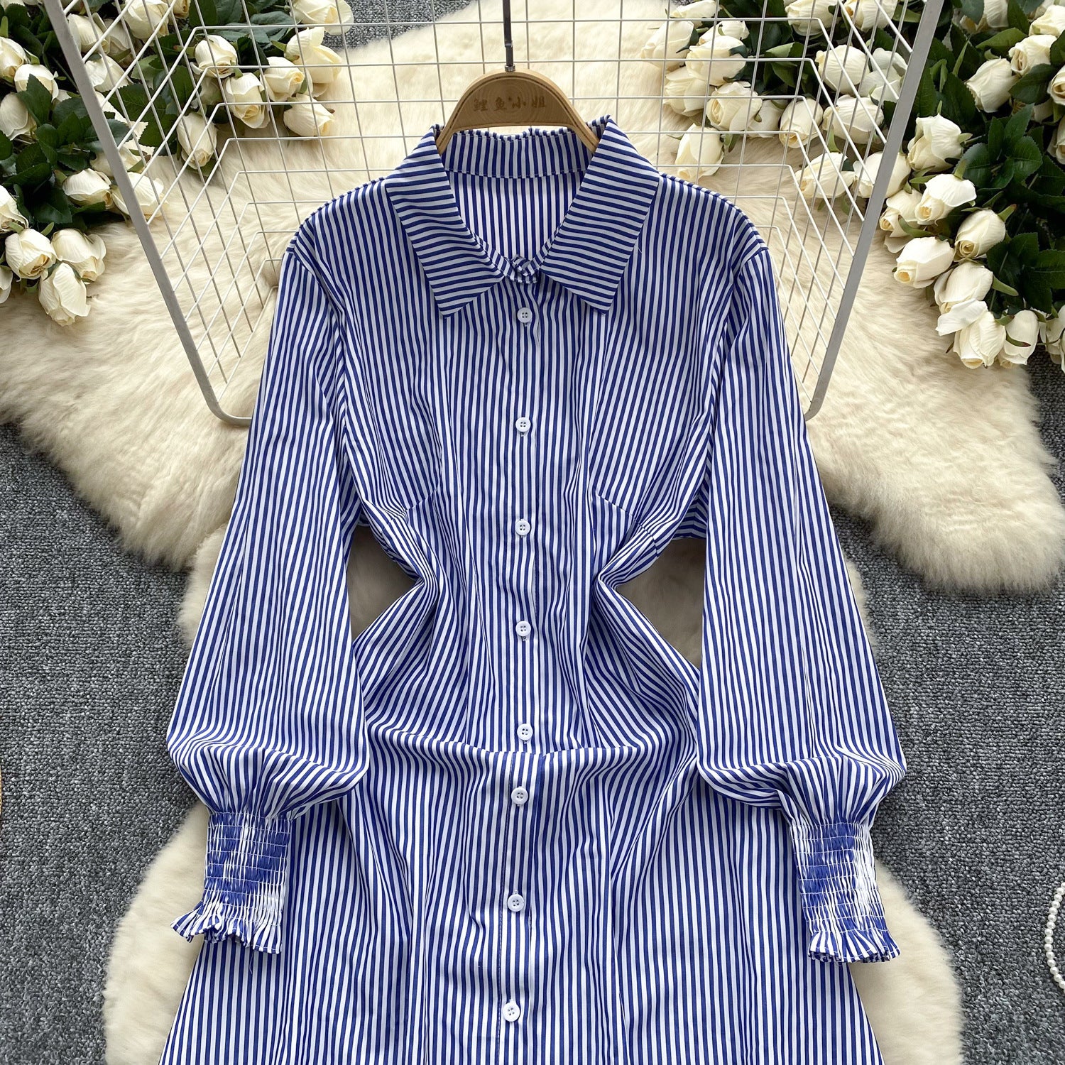 Chic Trendy Long Sleeve Single Button Casual Striped Shirt Dress 3