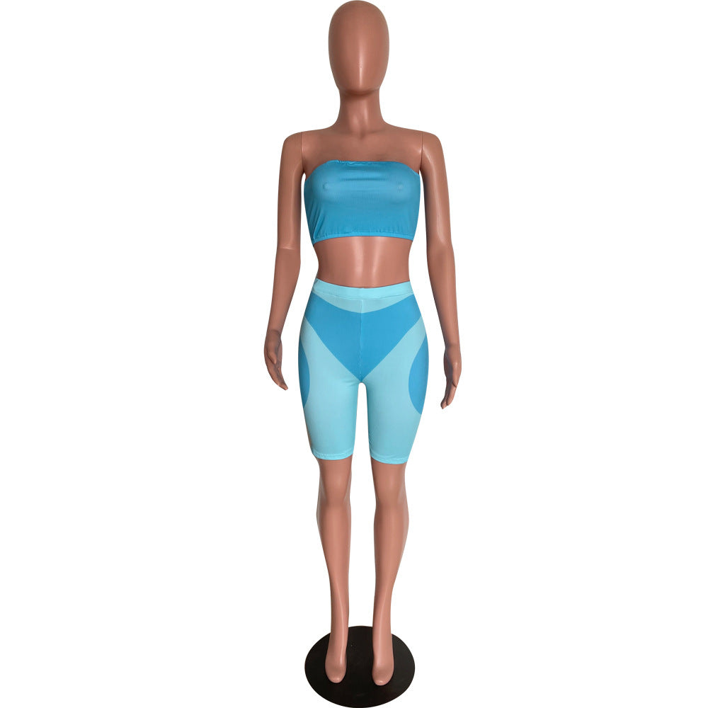 Women's summer fashionable color matching tight fitting strapless two-piece shorts set 8