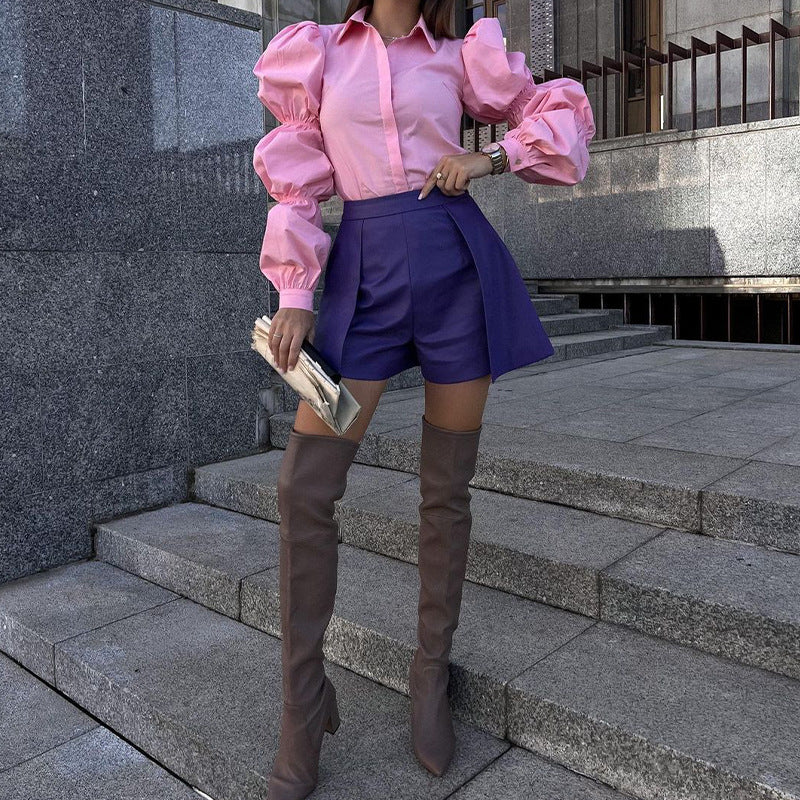 Autumn Women's Fashion Chic Loose Long Sleeve Turndown Collar Solid Color Linen Shirt 5