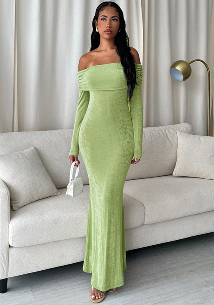 Women Off Shoulder Gathered Long-sleeved Bodycon Dress