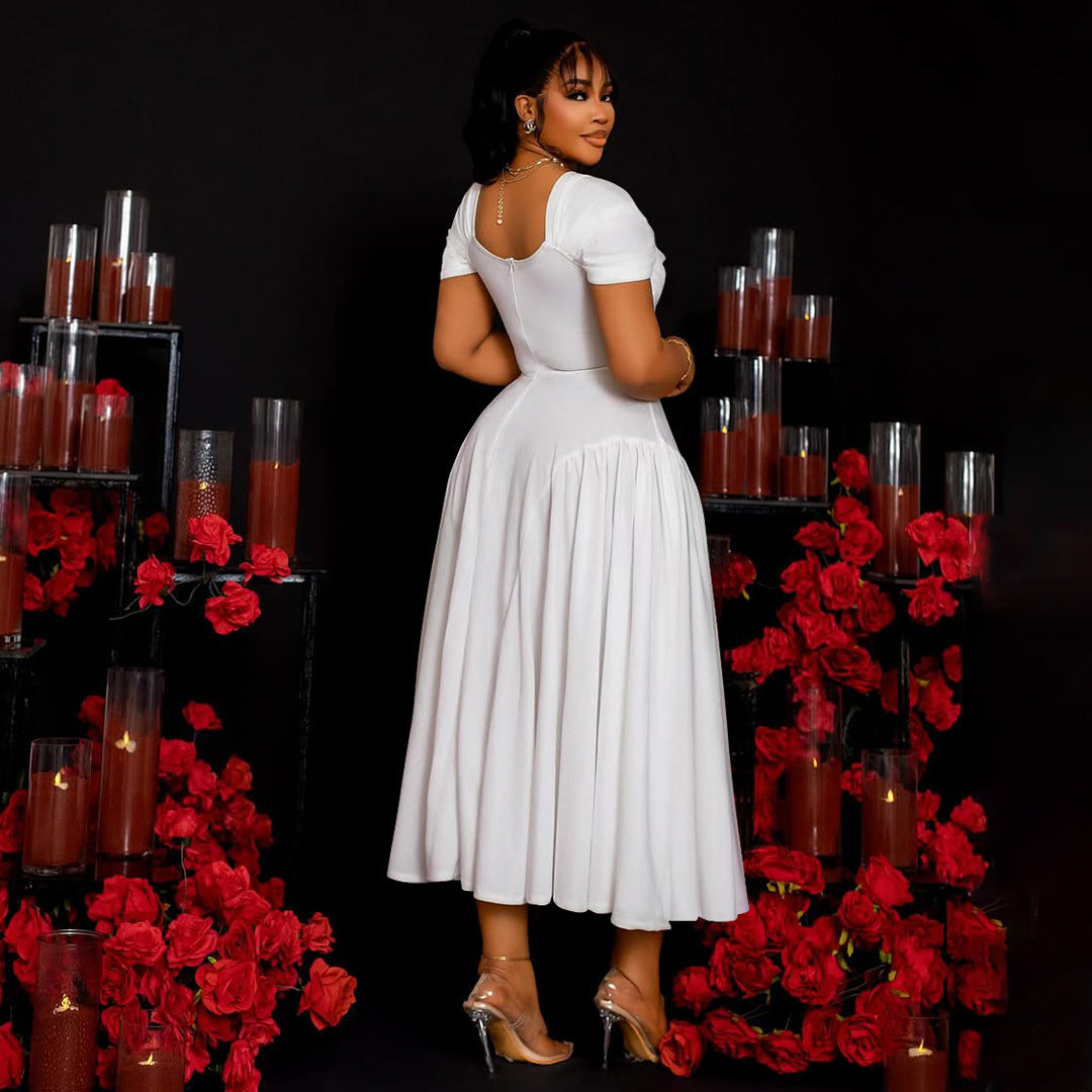 Plus Size Women's Fashion Elegant Square Neck Slim Waist A-line Long Dress 7