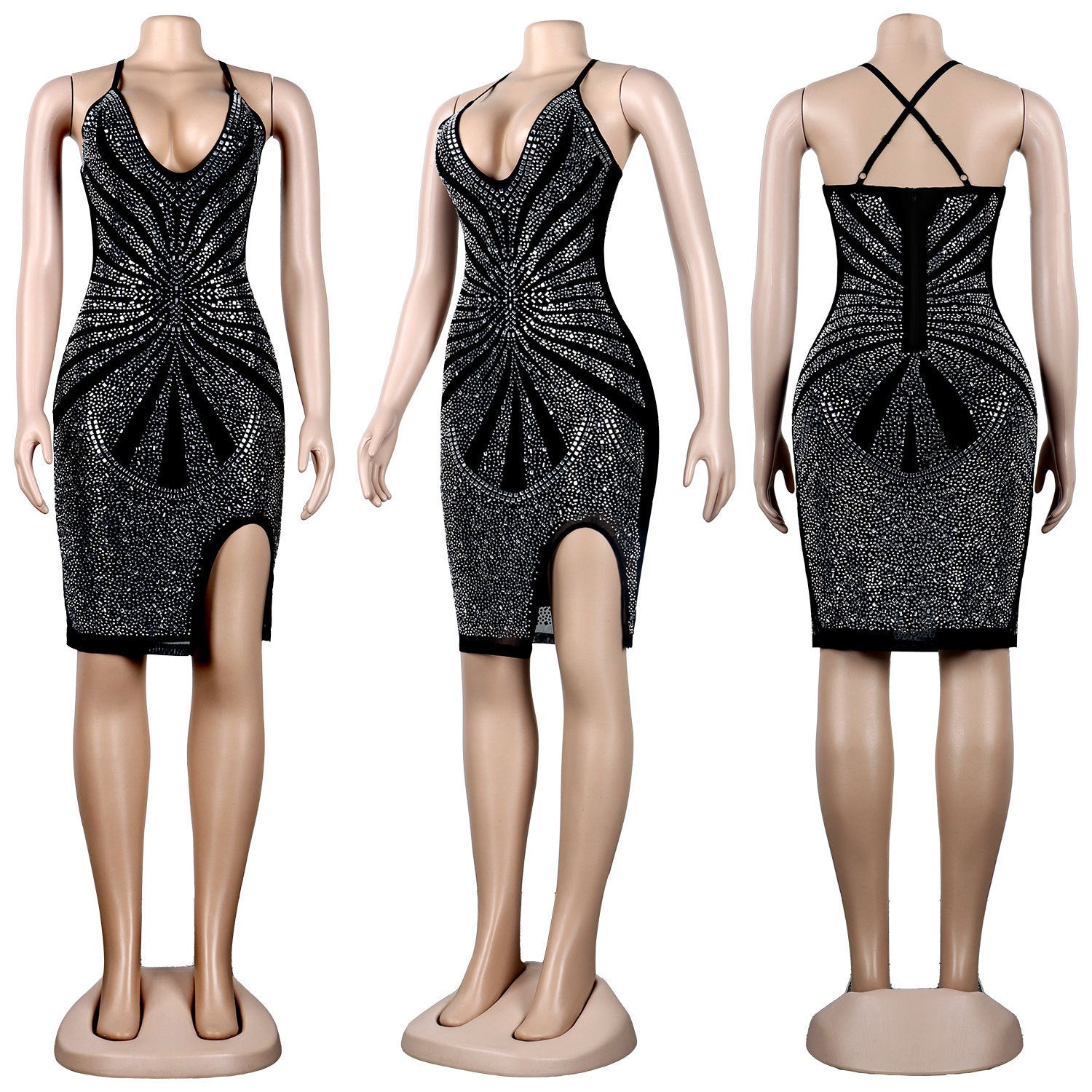 Sexy Women's Beaded Deep V Slim Nightclub Dress 7